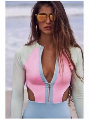 LoveShackFancy x Hurley Rashguard Colorblock Zip Cutout One-Piece Swimsuit L